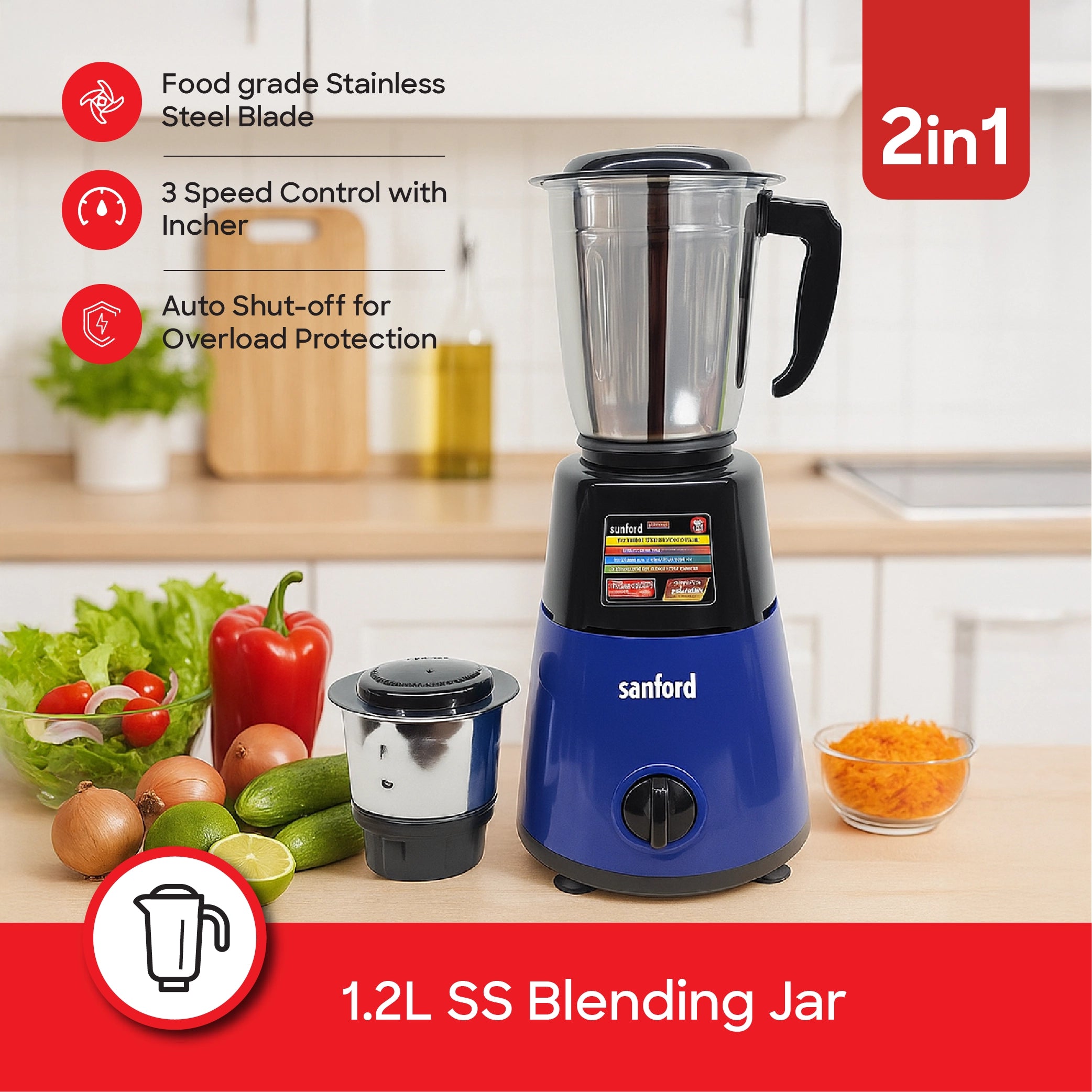 mixer grinder 550W 1.2L blending jar and chutney jar sanford 3