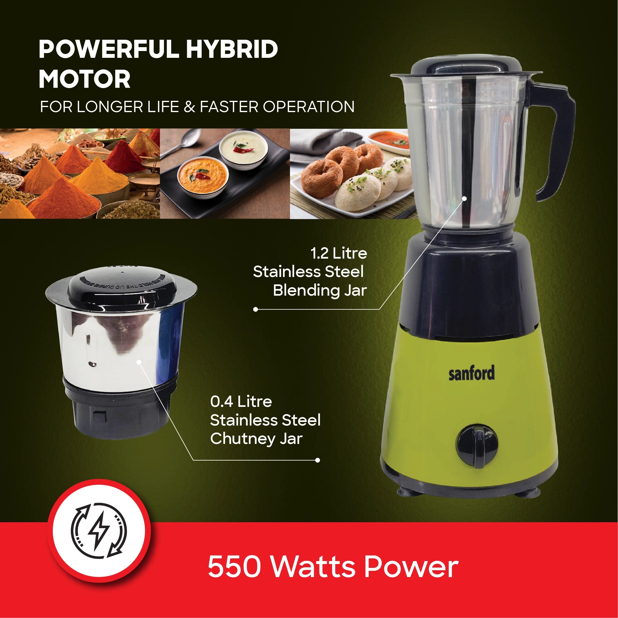 mixer grinder 550W 1.2L blending jar and chutney jar sanford 4