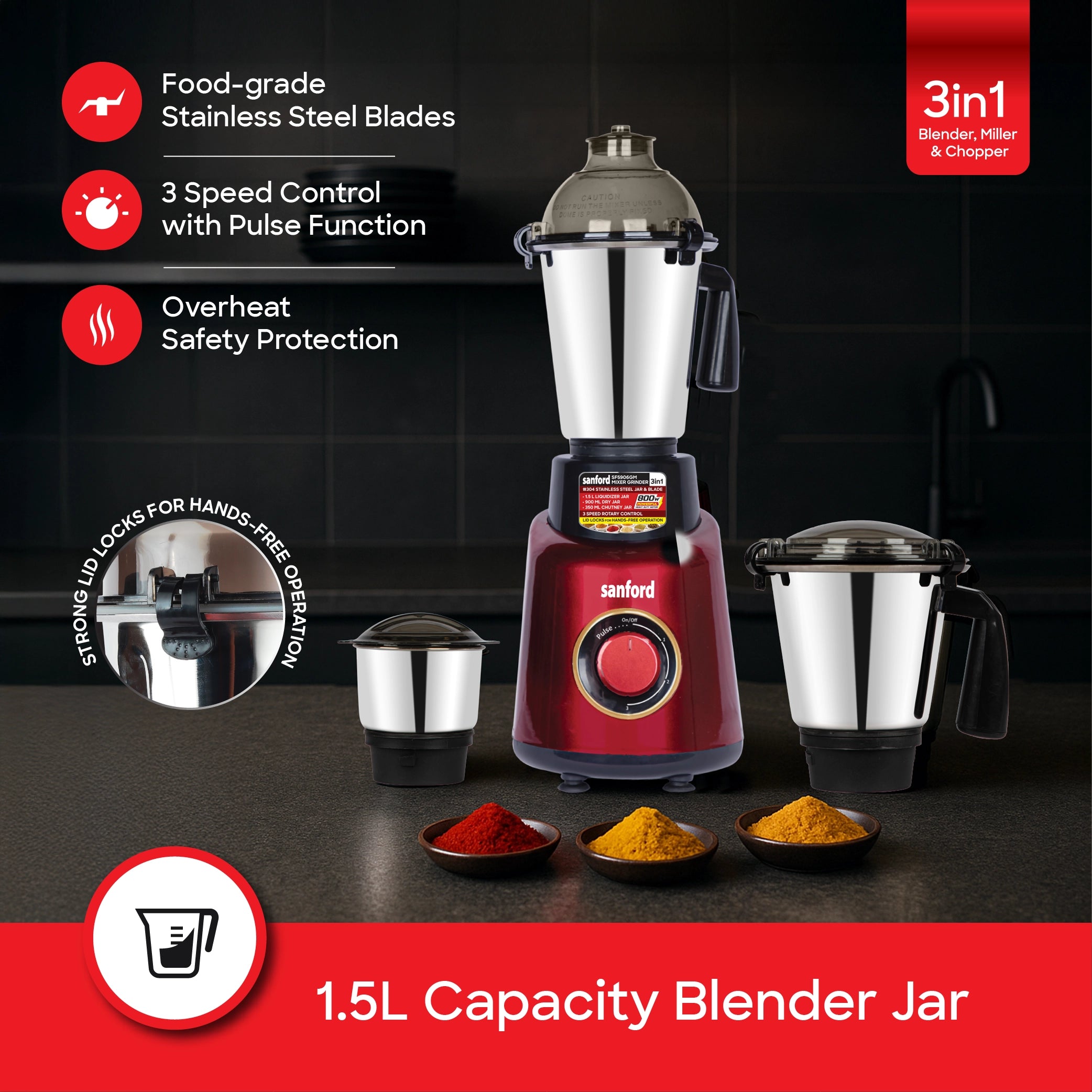 3 in 1 Mixer Grinder 800W 3 Speed Pulse Control Stainless Steel Jars sanford 3