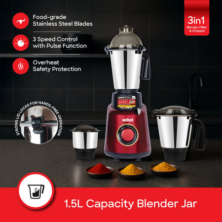3 in 1 Mixer Grinder 800W 3 Speed Pulse Control Stainless Steel Jars sanford 3