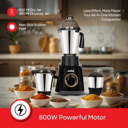 Sanford 800W mixer grinder control panel with speed settings and safety lock