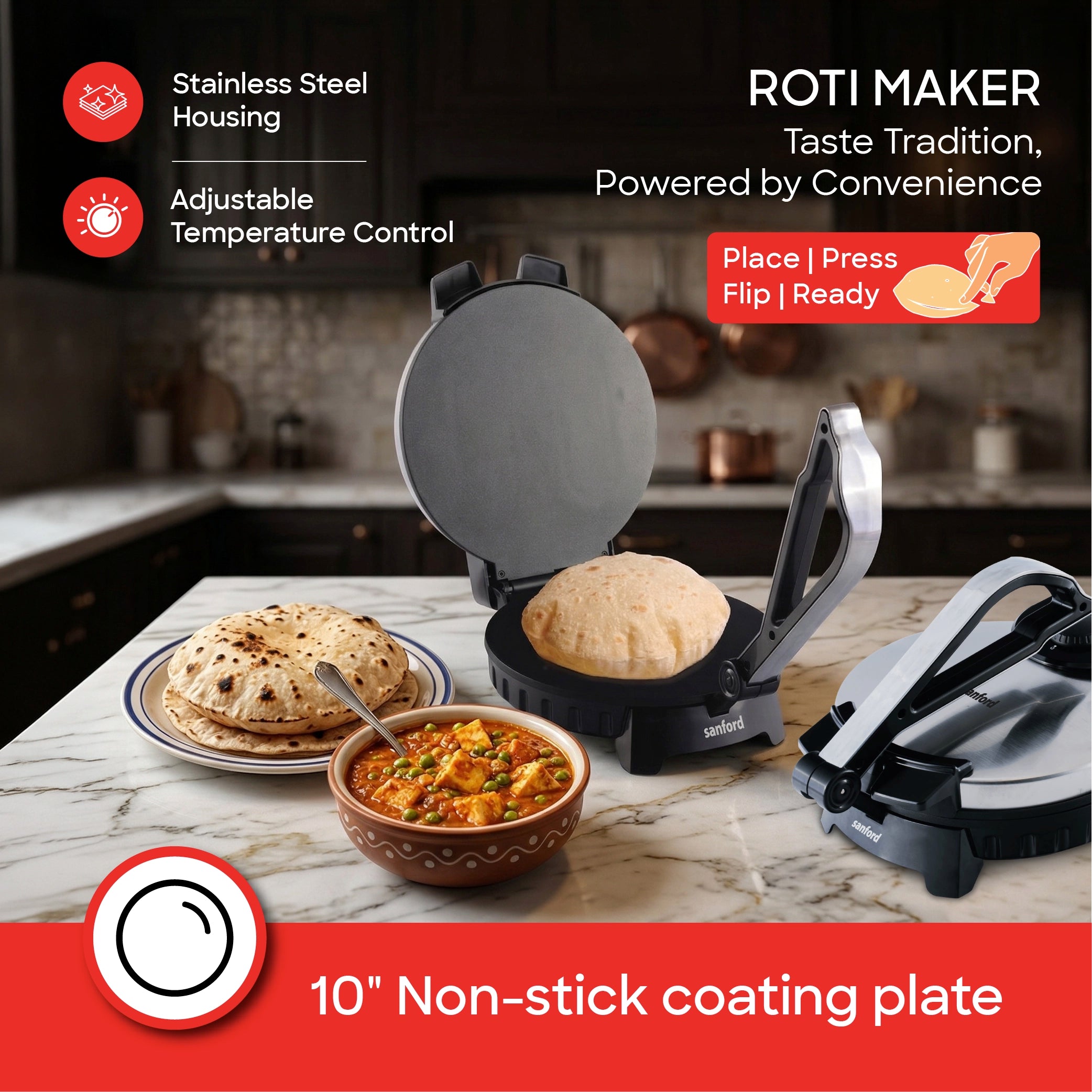 10 inch roti maker 1200W non stick plate temperature sanford 3