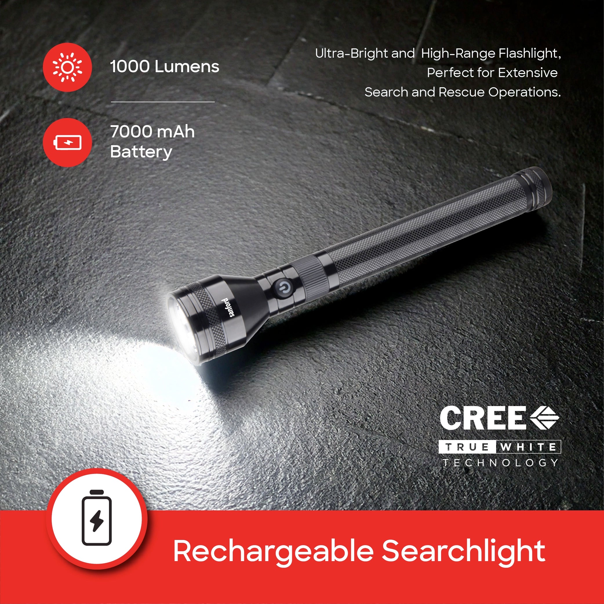 10W CREE LED flashlight 2500m beam range & 7000mAh rechargeable battery sanford 3