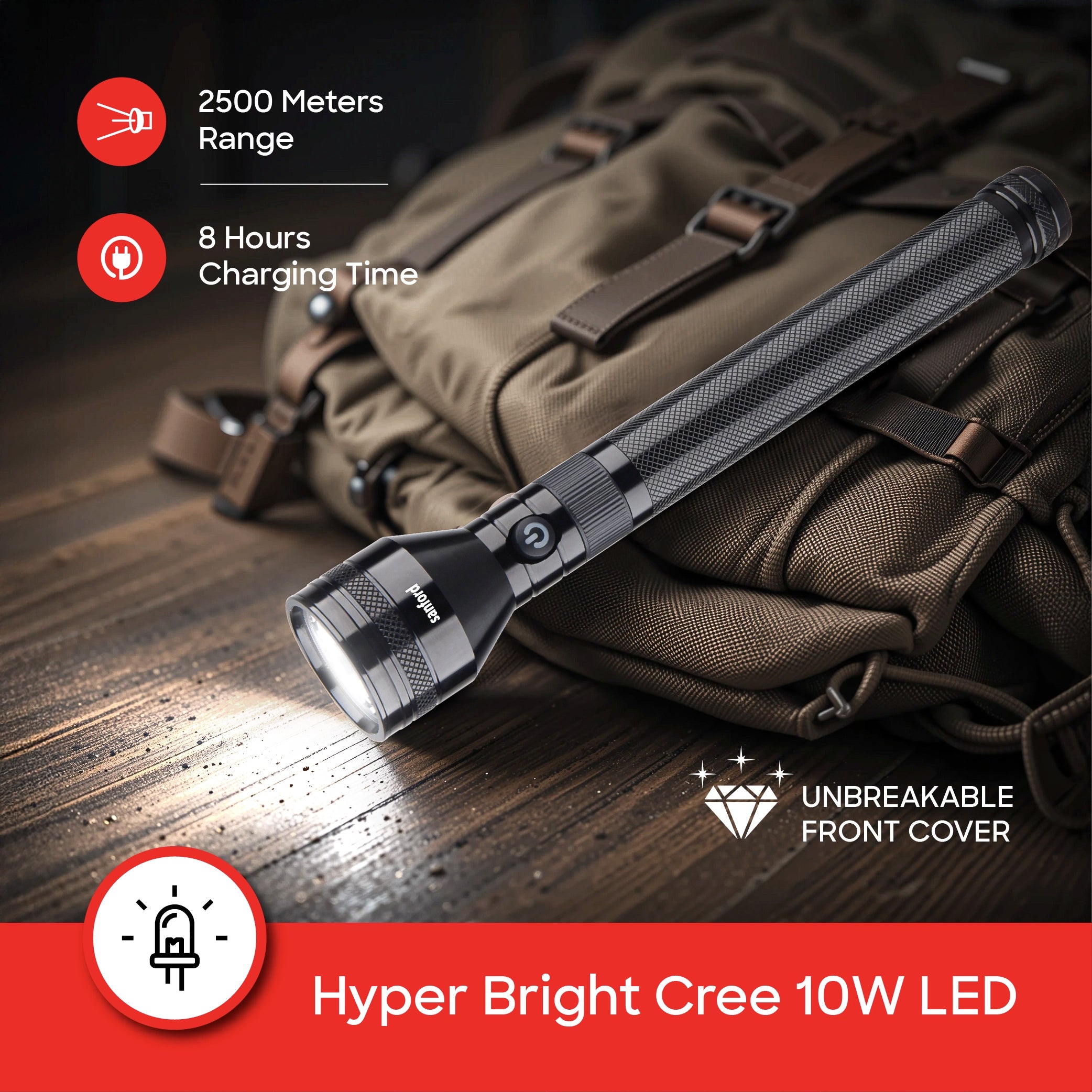 10W CREE LED flashlight 2500m beam range & 7000mAh rechargeable battery sanford 4