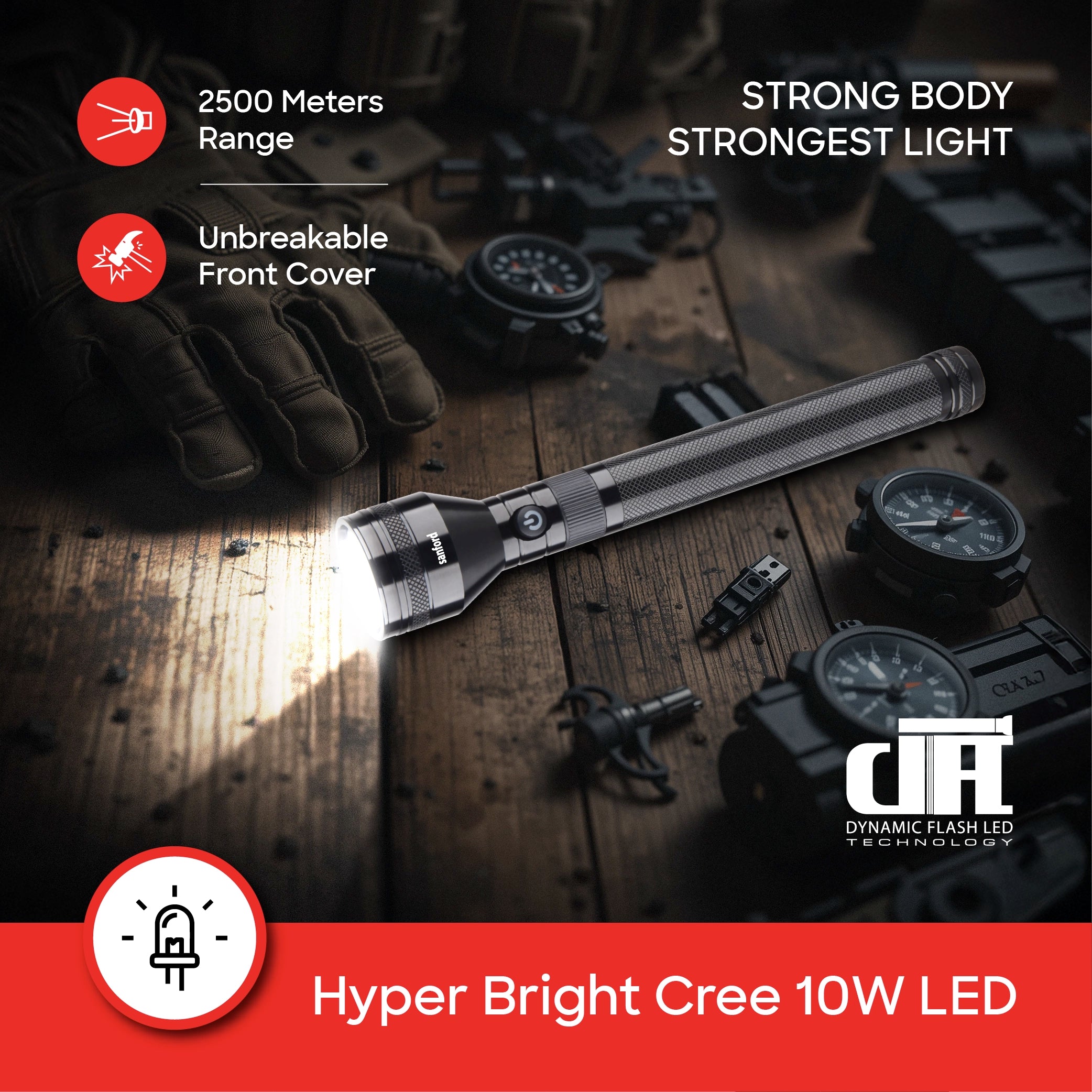 Rechargeable CREE LED flashlight 10W 2500m range 7000mAh battery sanford 4