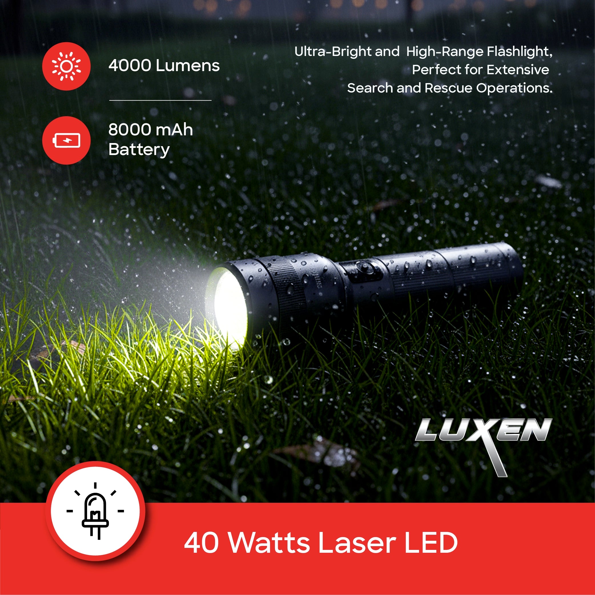 40W LED flashlight torch 2500m range rechargeable zoom 8000mAh 5 modes sanford 3