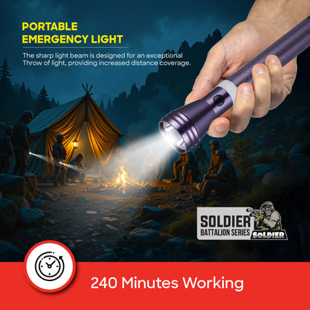 Sanford SF6208SLC Rechargeable LED Torch Combo – lifestyle shot, torch at a campsite, 240-minute runtime