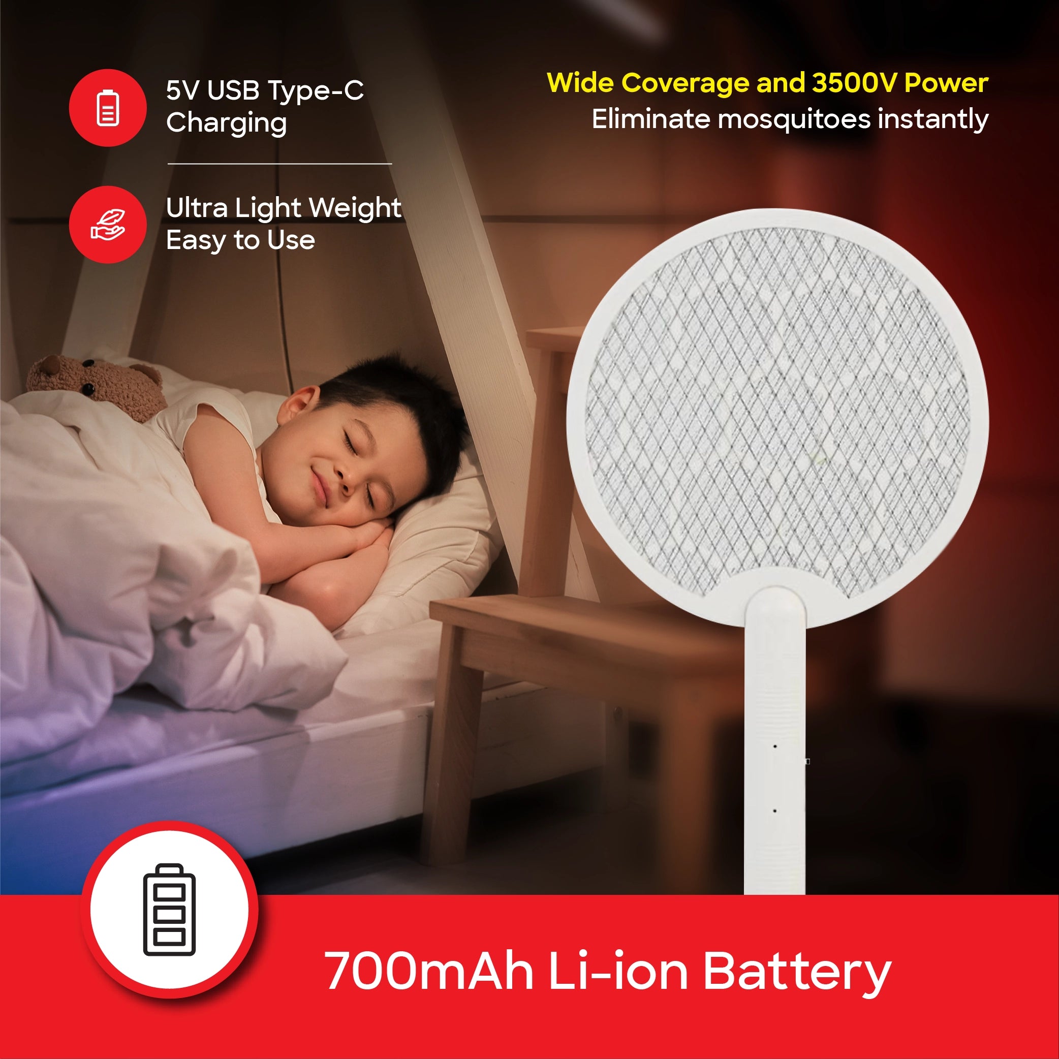 Sanford SF639MK Rechargeable Mosquito Bat – 700mAh battery and USB Type-C charging feature callout