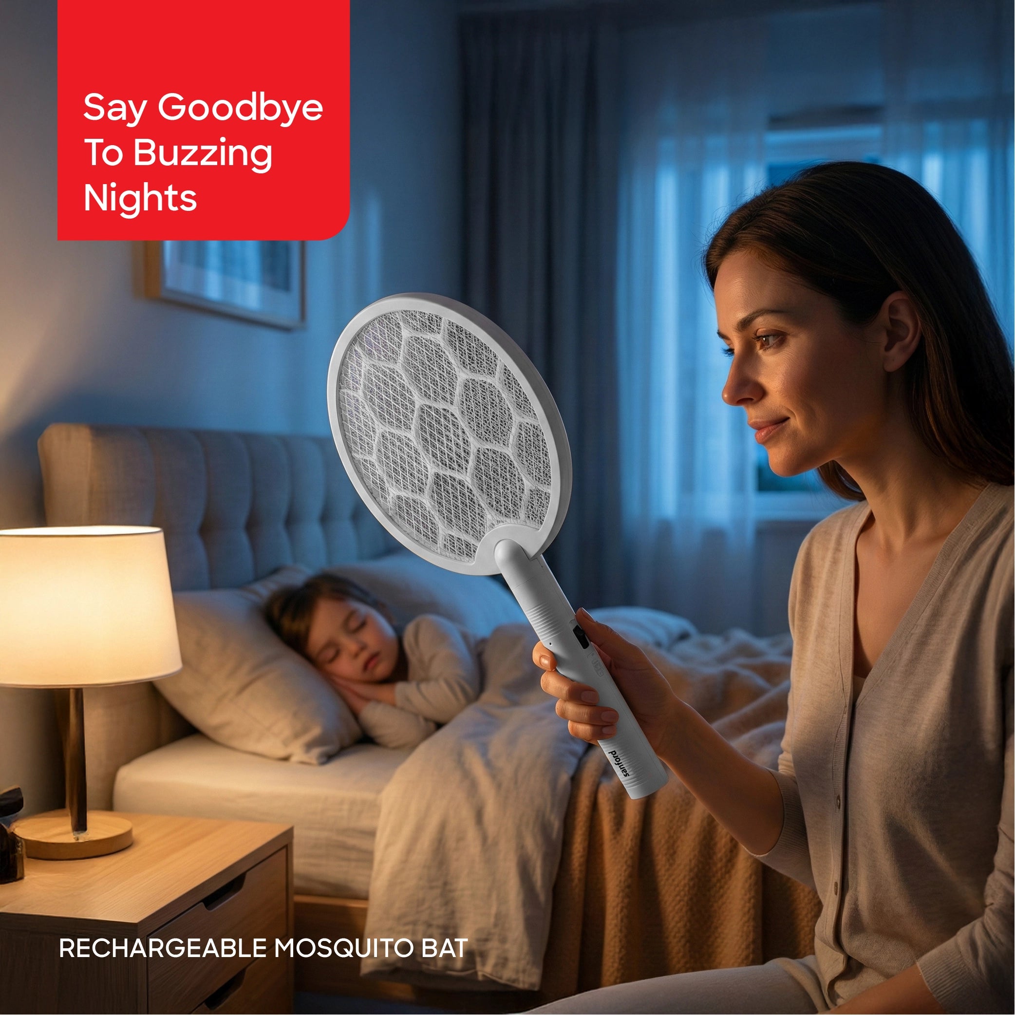 Sanford SF639MK Rechargeable Mosquito Bat – lifestyle shot, woman using the bat in a bedroom