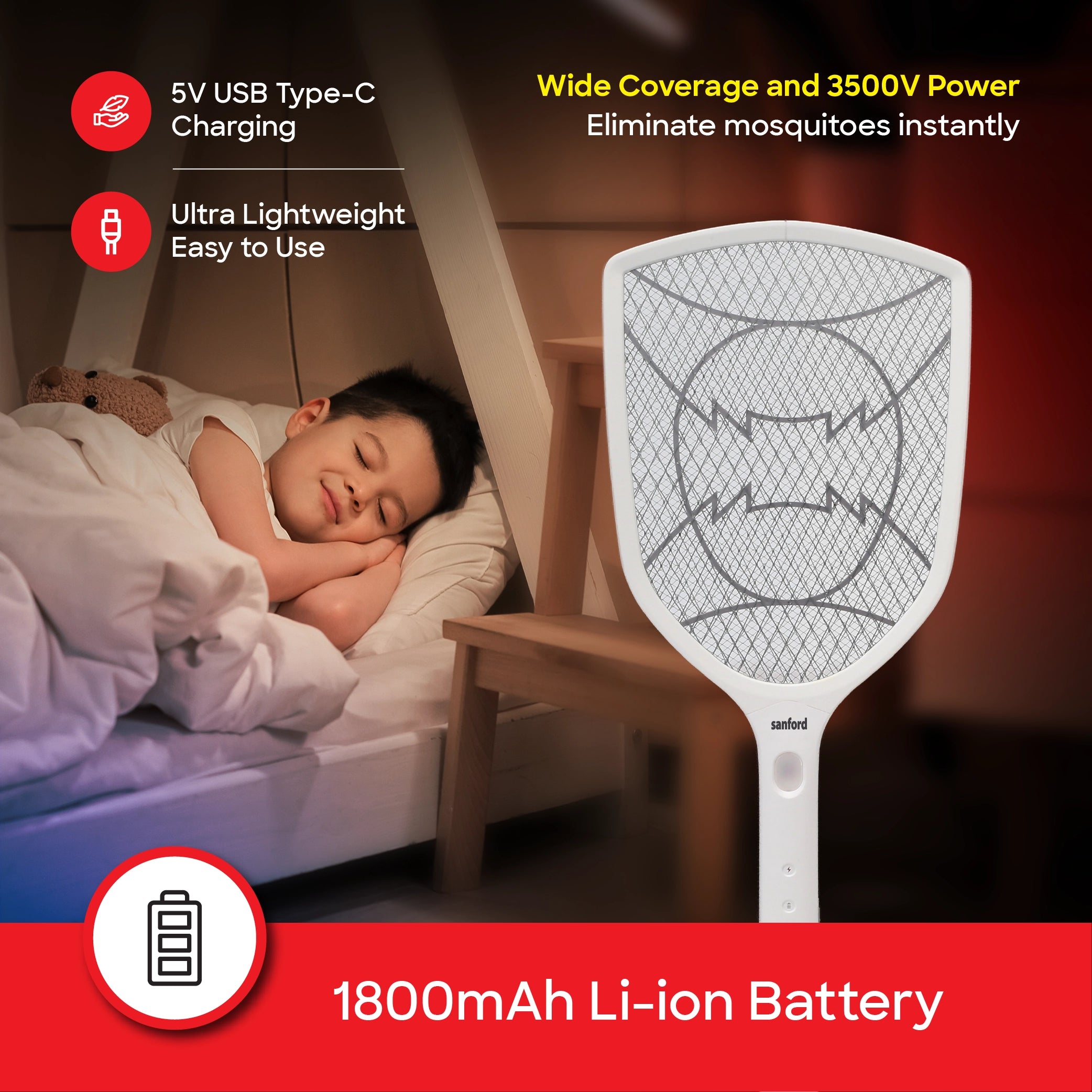 Sanford SF641MK Mosquito Bat – 1800mAh Li-ion battery feature callout
