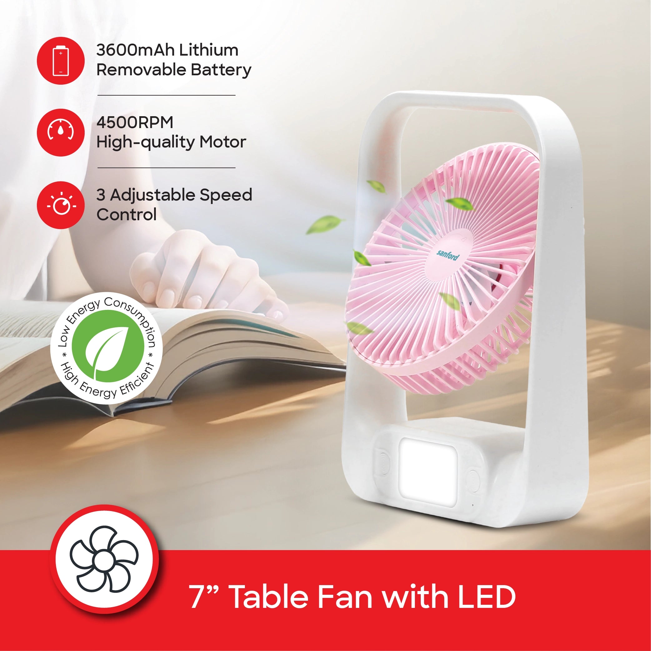 Rechargeable table fan 7 inch LED light power bank 3 speed sanford 3