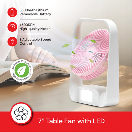 Rechargeable table fan 7 inch LED light power bank 3 speed sanford 3