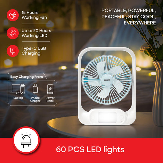 Sanford Rechargeable Table Fan with Dual-Color LED | 4500RPM Motor | 3600mAh Battery | Type-C Charging | 3 Speeds - buysanford