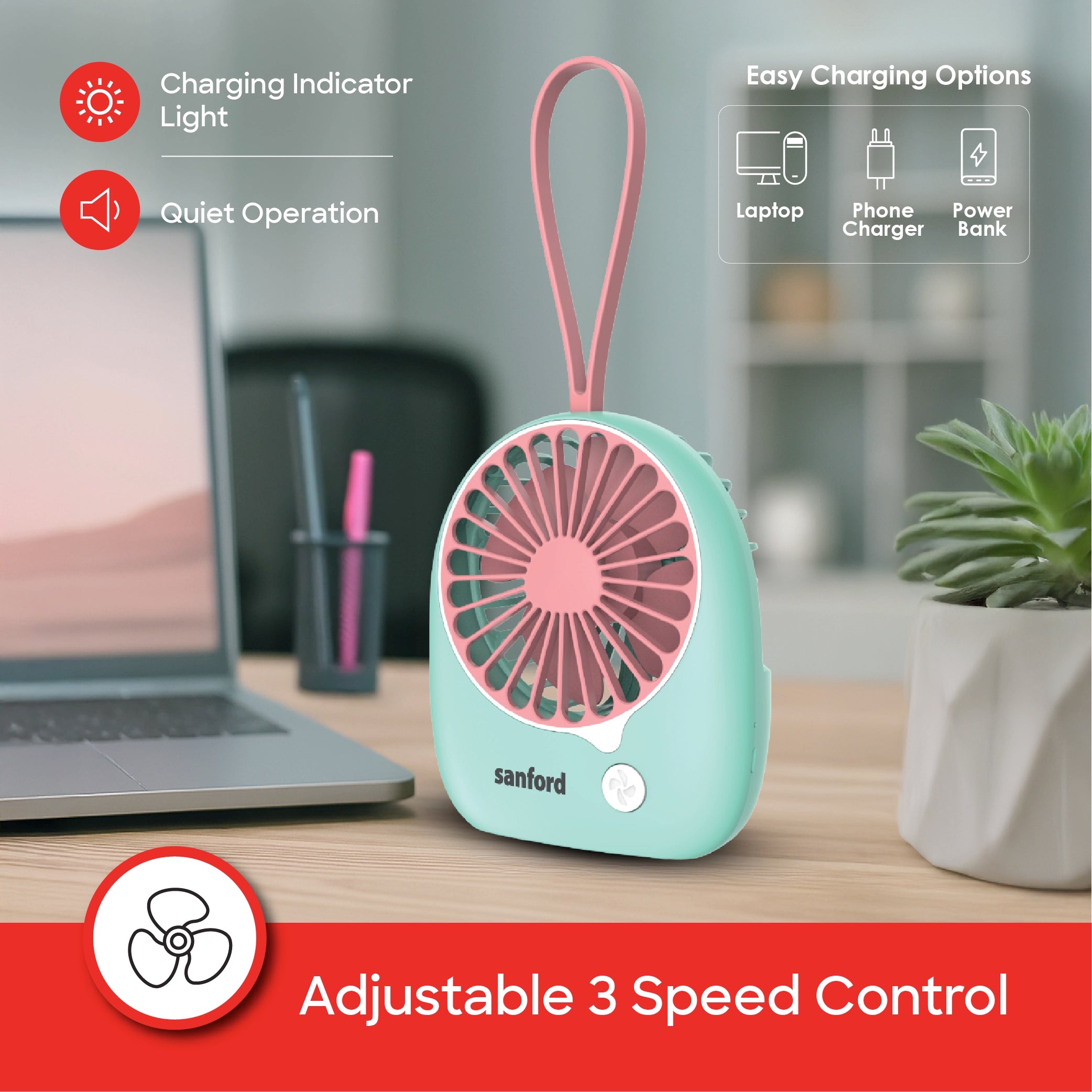 Rechargeable mini fan USB power portable 3 speed quiet operation sanford 3