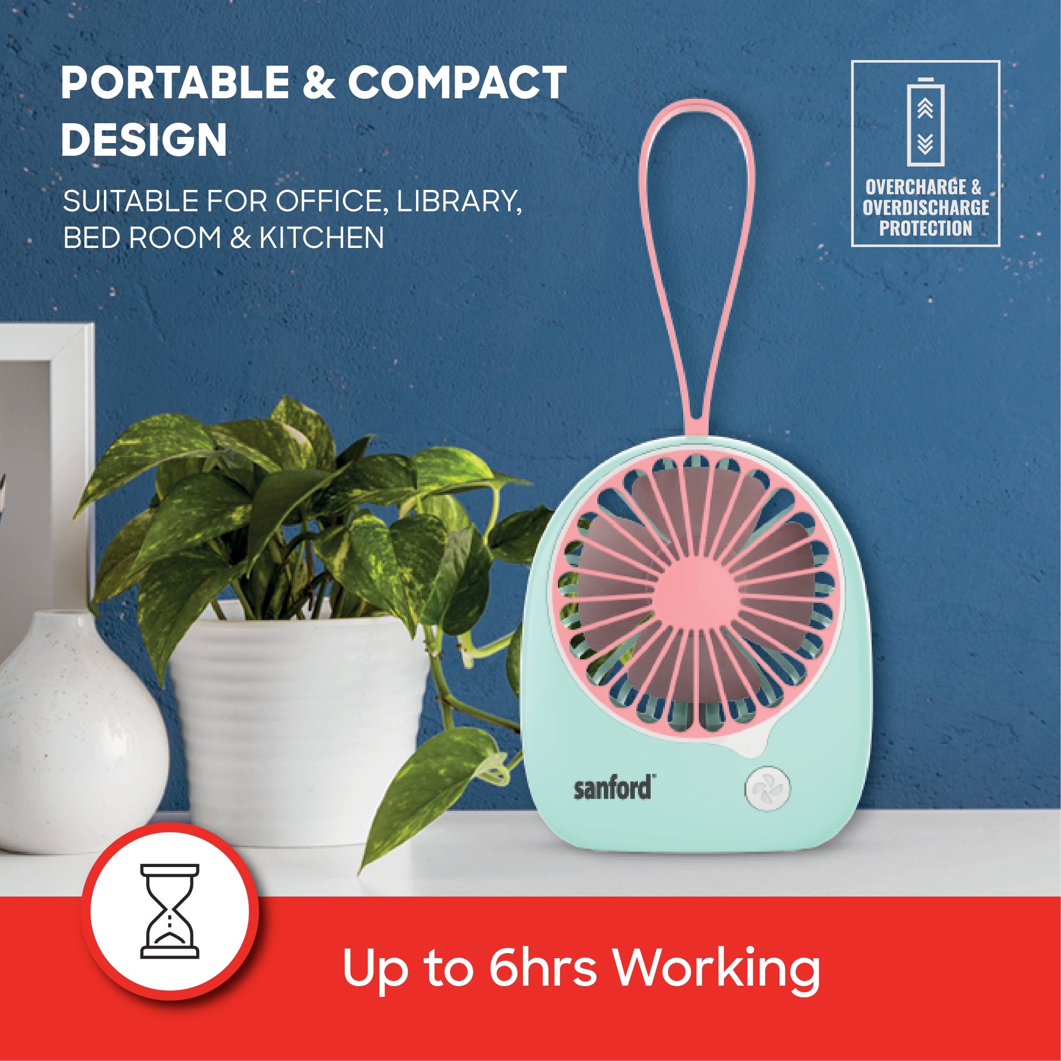 Rechargeable mini fan USB power portable 3 speed quiet operation sanford 4