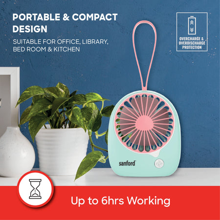 Rechargeable mini fan USB power portable 3 speed quiet operation sanford 4