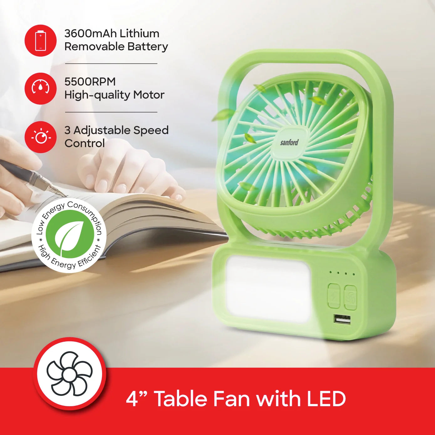 best rechargeable table fan portable 3.7V 2000mAh battery 3-speed control sanford 3