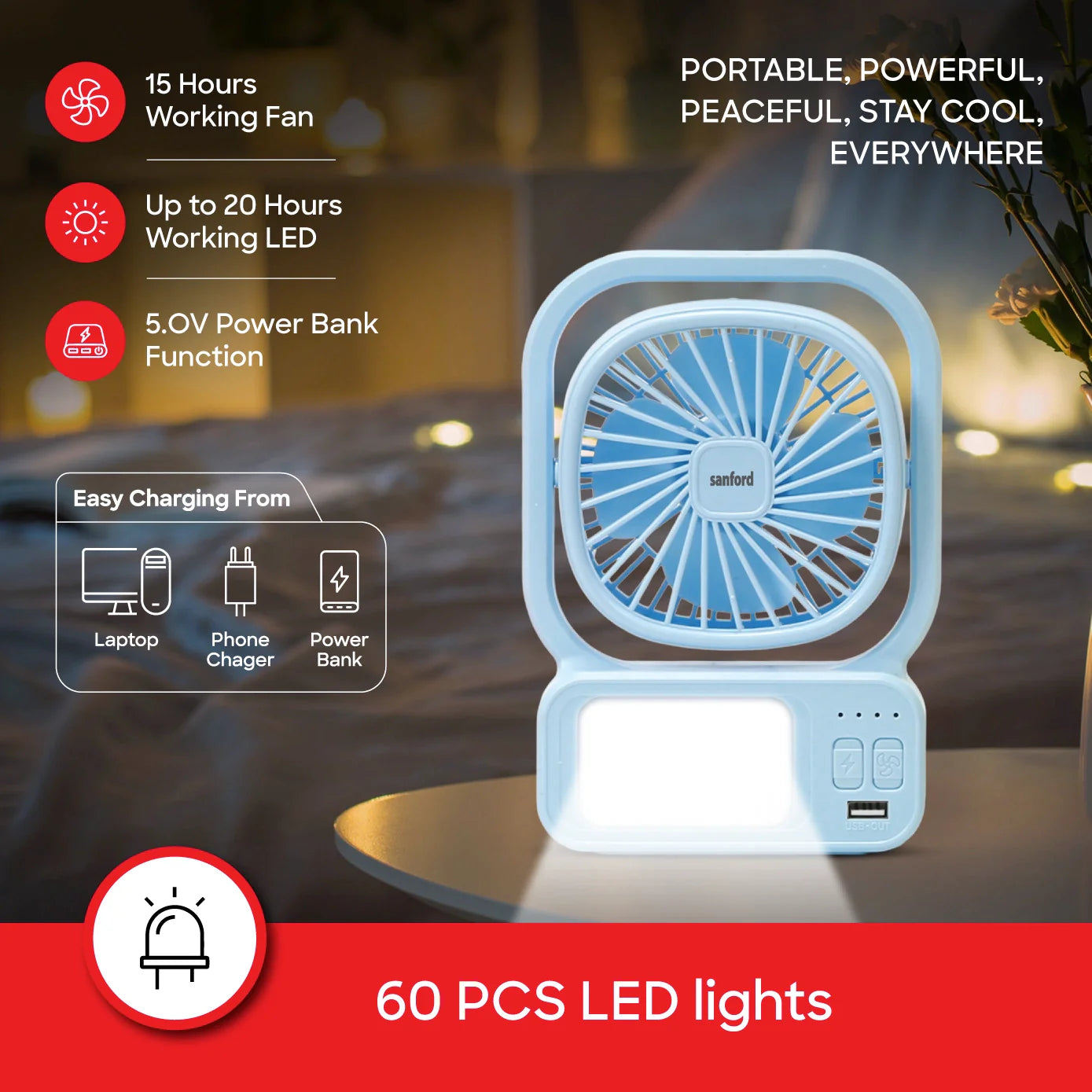 best rechargeable table fan portable 3.7V 2000mAh battery 3-speed control sanford 4