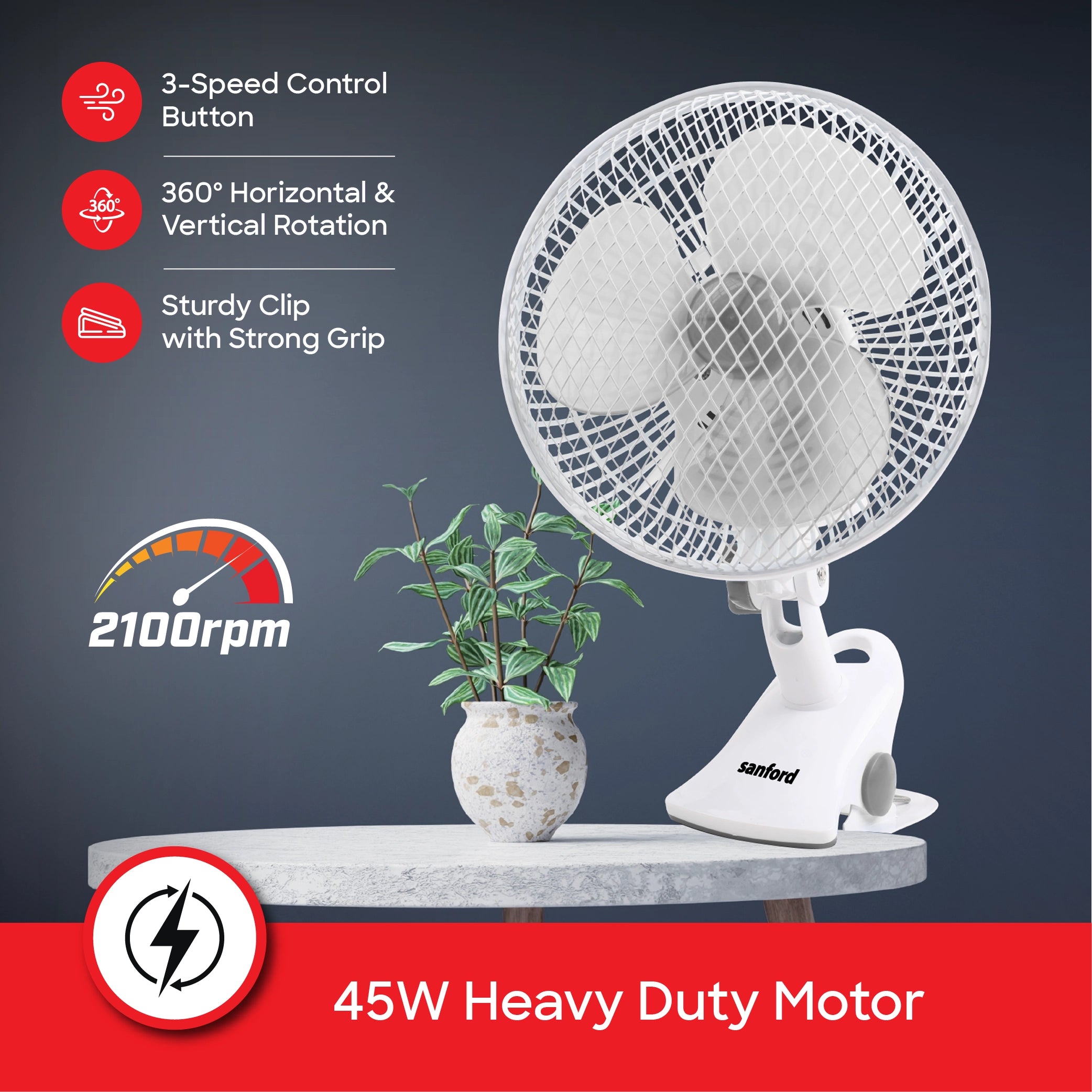 3 in 1 clip fan desk clip wall mount with 2 speed control 45W sanford 4