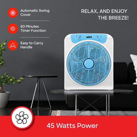 12 inch compact fan 5 blade design 3 speed control 120-Min timer auto swing 45W sanford 4
