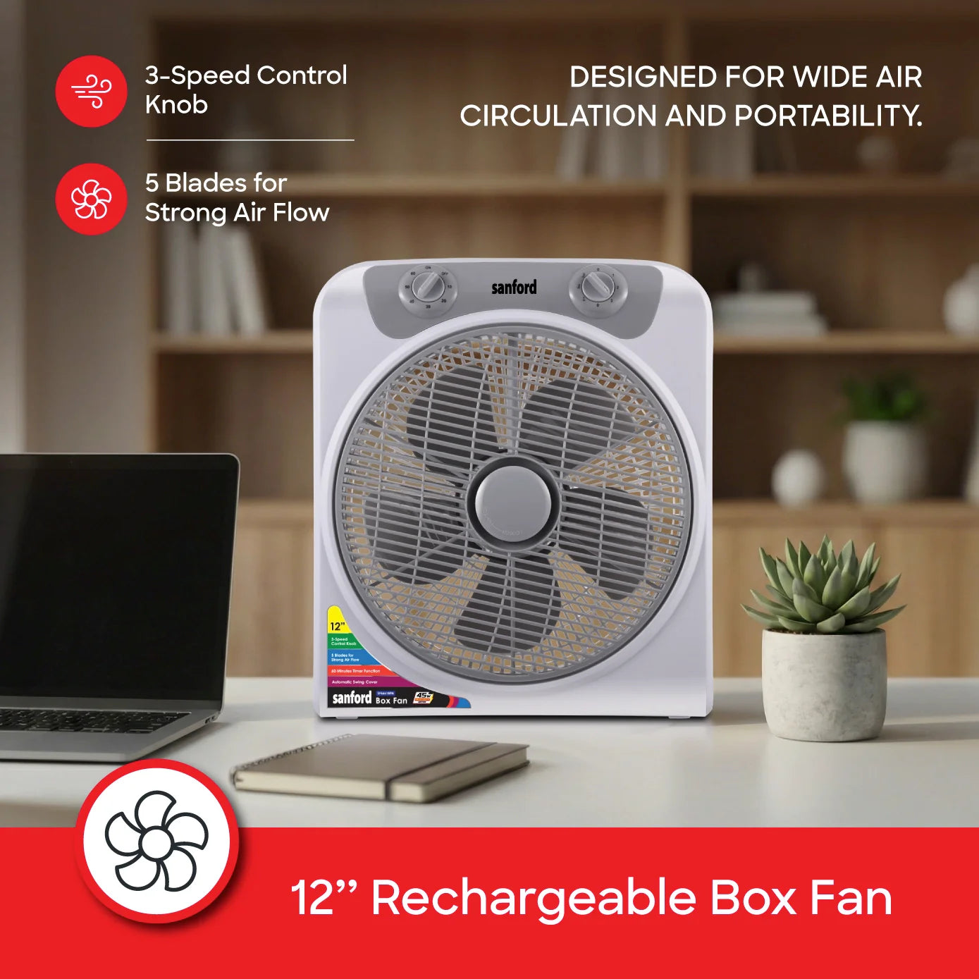 12 inch compact fan 5 blade design 3 speed control 120-Min timer auto swing 45W sanford 3