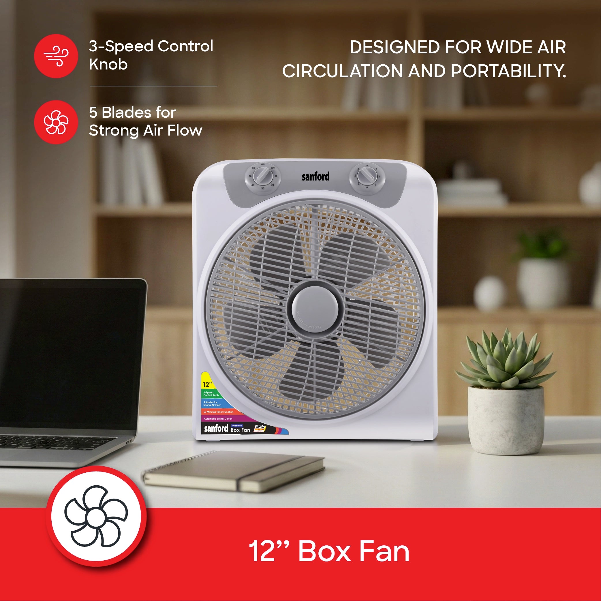 Sanford SF6661BFN Box Fan – 3-speed control and wide air circulation feature callout
