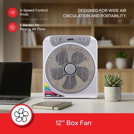 Sanford SF6661BFN Box Fan – 3-speed control and wide air circulation feature callout
