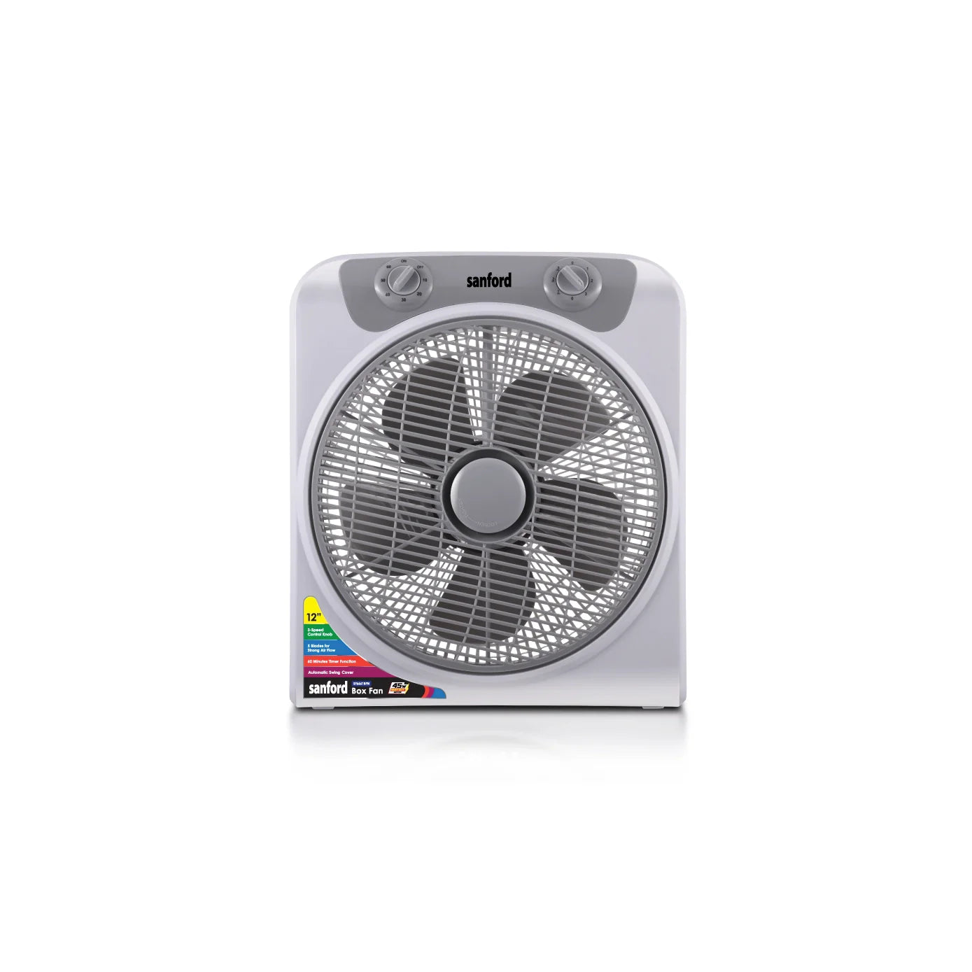 12 inch compact fan 5 blade design 3 speed control 120-Min timer auto swing 45W sanford 1