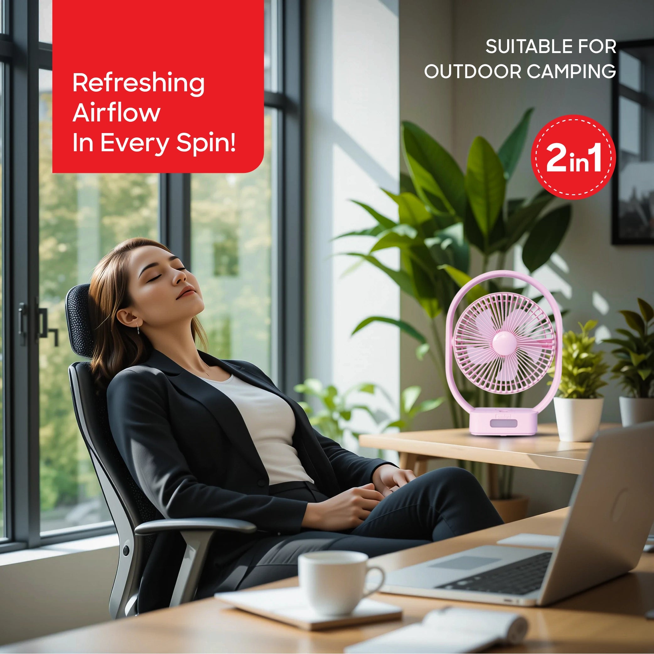 Sanford SF6662MFN Rechargeable Table Fan – lifestyle shot, woman relaxing in the fan's breeze