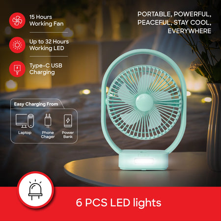 Sanford SF6662MFN Rechargeable Table Fan – 10-hour runtime and LED lights feature callout