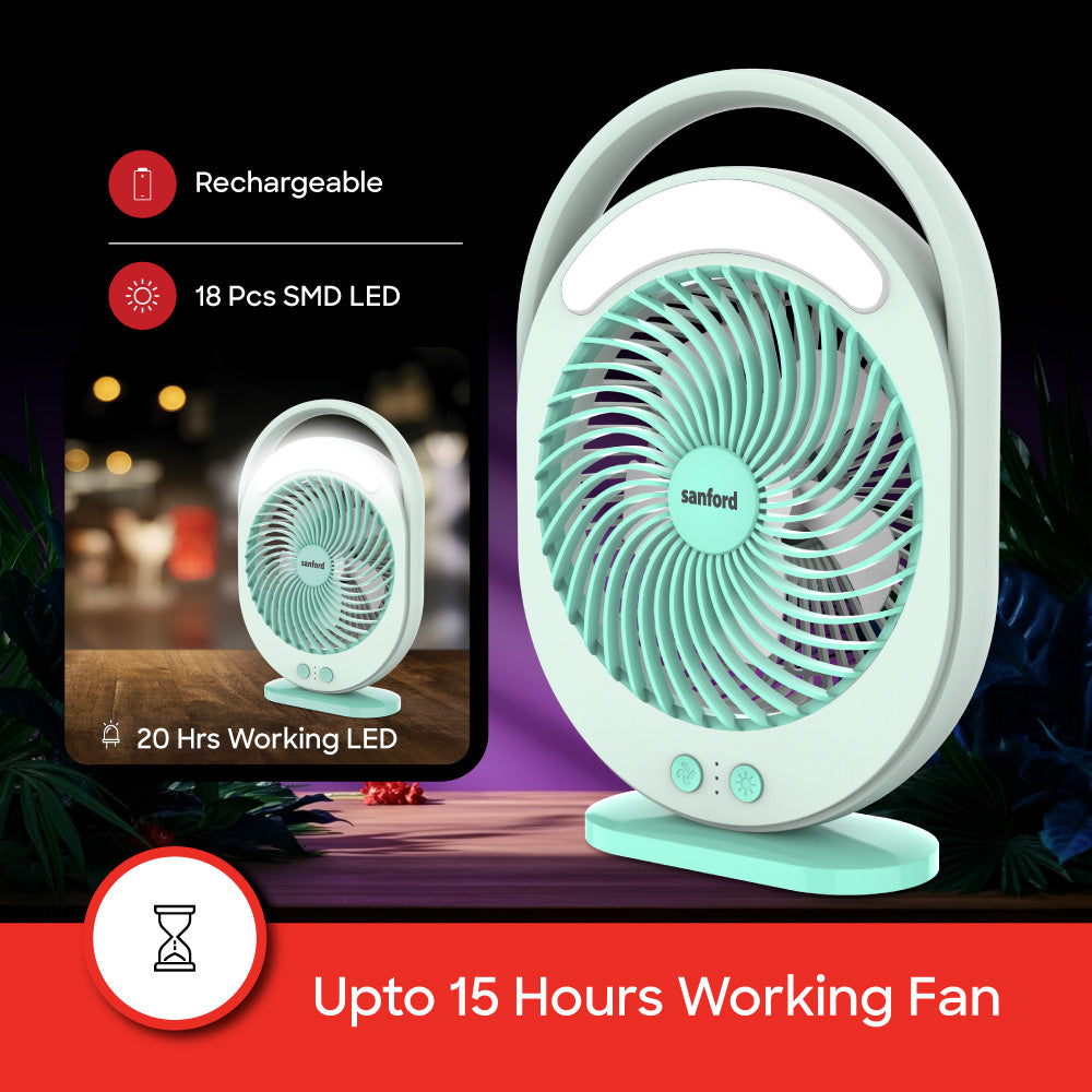 Sanford Rechargeable Table Fan 7-Inch 3600mAh Battery LED Light Tilt Head - SF6662MFN