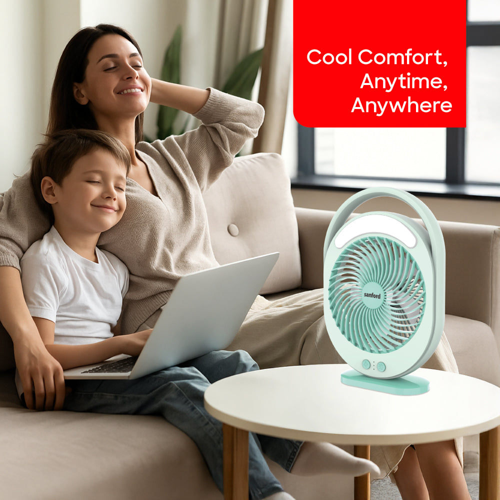 Sanford Rechargeable Table Fan 7-Inch 3600mAh Battery LED Light Tilt Head - SF6662MFN