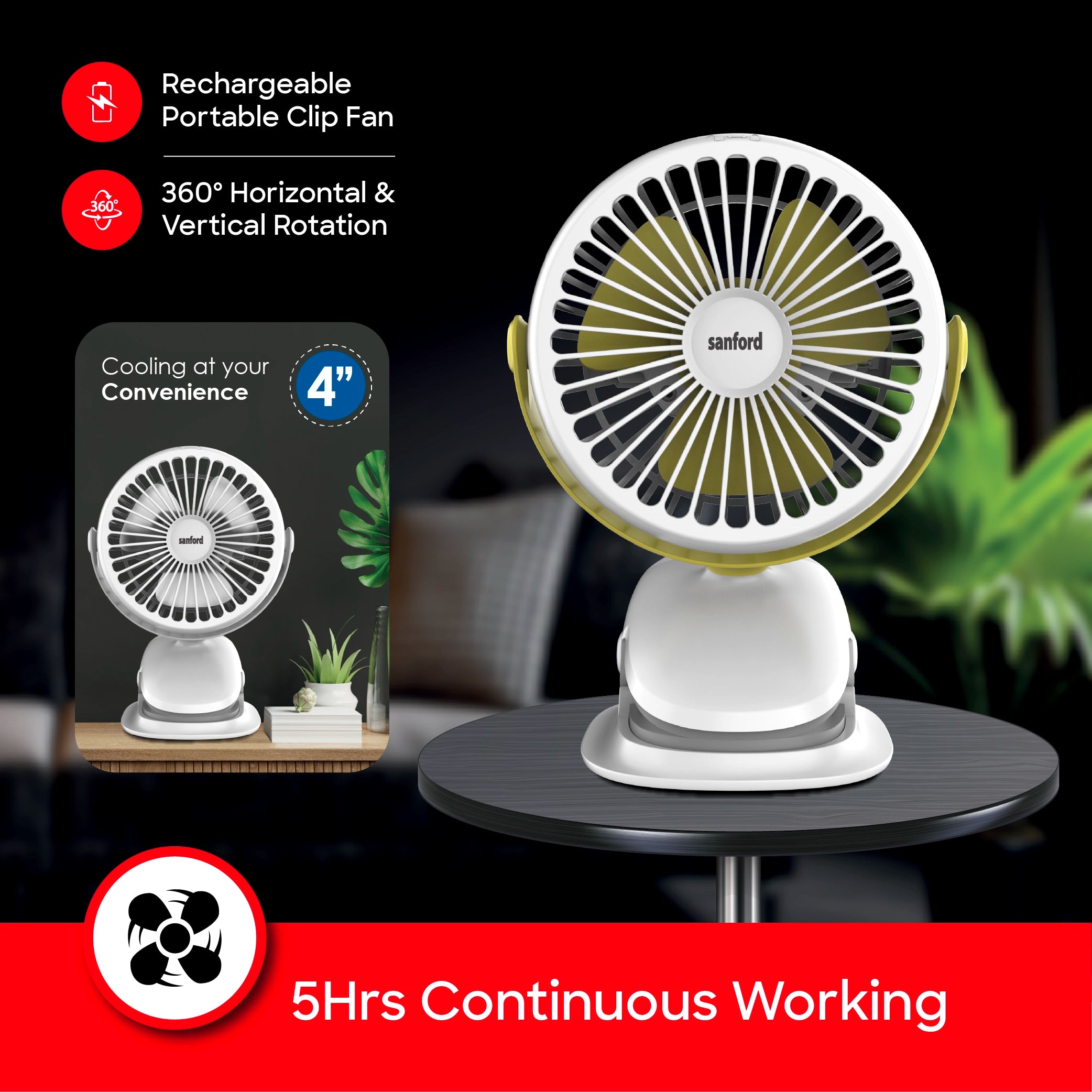 Rechargeable Clip Fan Portable 4 Inch 360 Rotation Strong Grip 3 Speed sanford 3