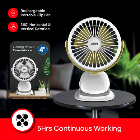 Rechargeable Clip Fan Portable 4 Inch 360 Rotation Strong Grip 3 Speed sanford 3