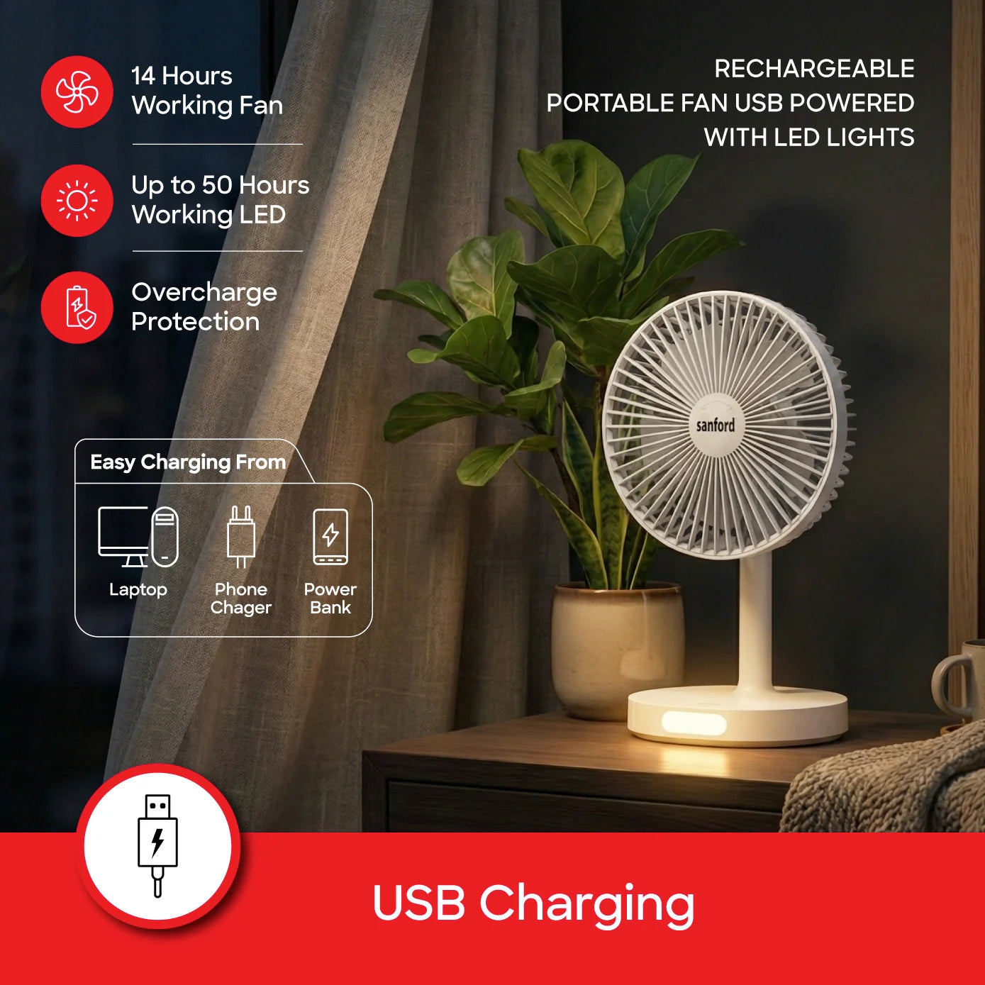 USB portable rechargeable fan LED light 3-speed 4600mAh battery 14H Fan + 50H Light sanford 4