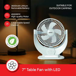 Sanford Table Fan Rechargeable 7 Inch LED Light Multi Functional 3 Speed Control - SF6669MFN
