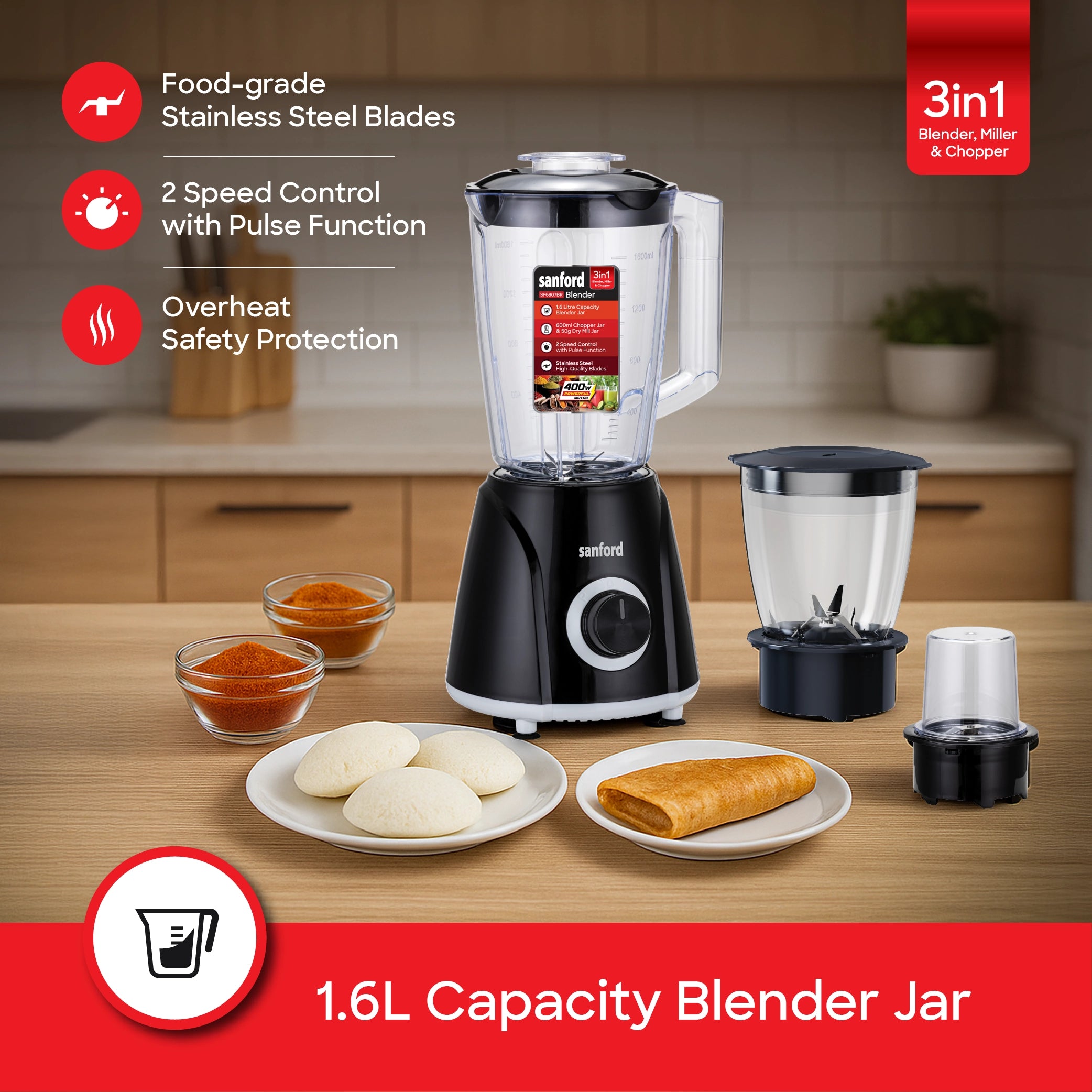 3 in 1 blender 1600ml jar stainless steel blades 1600W sanford 3