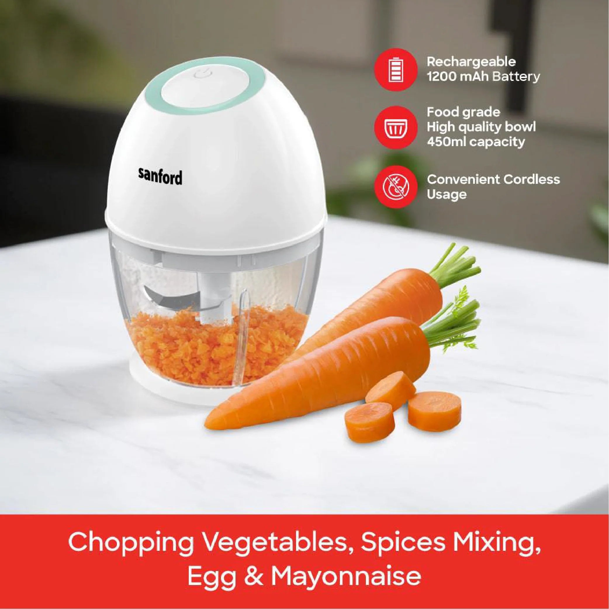 Sanford SF6814FP Food Chopper – chops vegetables, spices & eggs feature callout