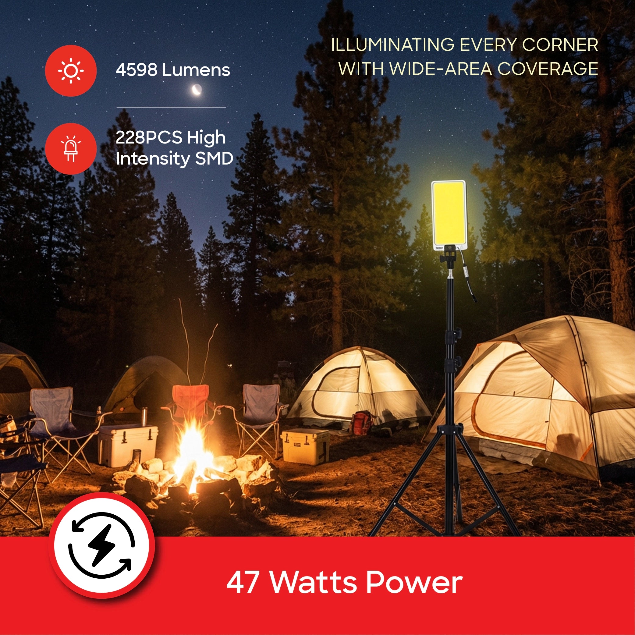 COB LED camping light 47W 4598 lumens 5M iron rod stand sanford 3