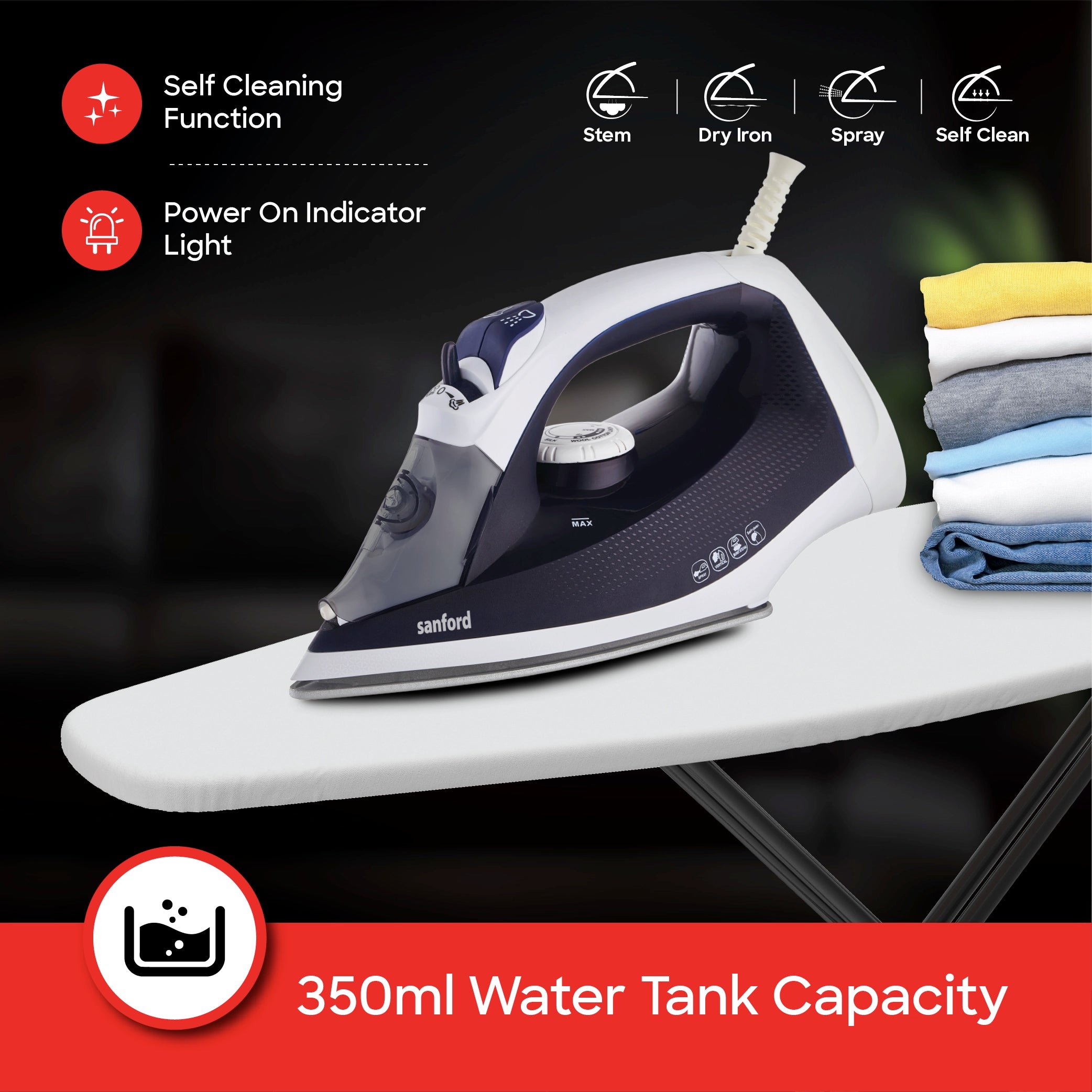 Sanford SF70CSI HA Steam Iron – 350ml water tank capacity feature callout