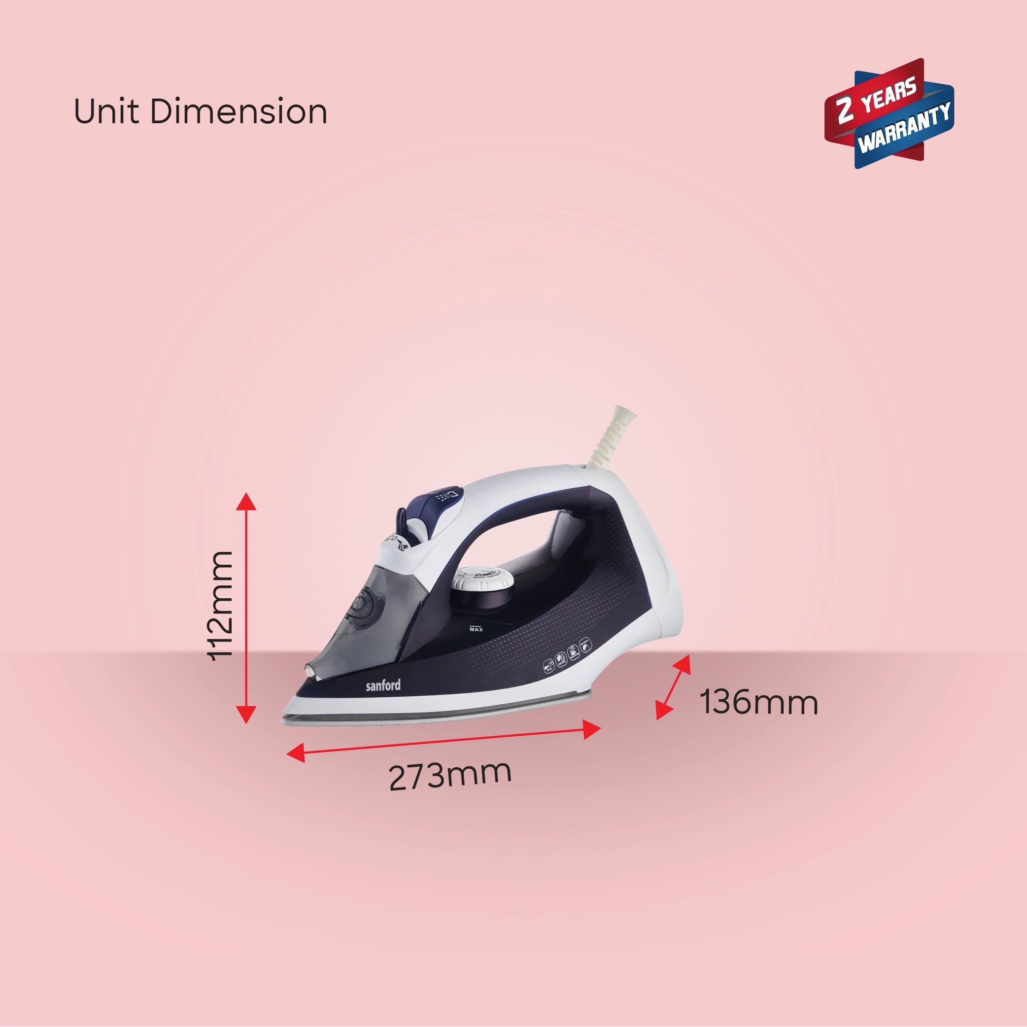 Sanford SF70CSI HA Steam Iron – unit dimensions, 273mm L x 136mm W x 112mm H