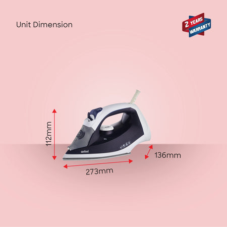 Sanford SF70CSI HA Steam Iron – unit dimensions, 273mm L x 136mm W x 112mm H