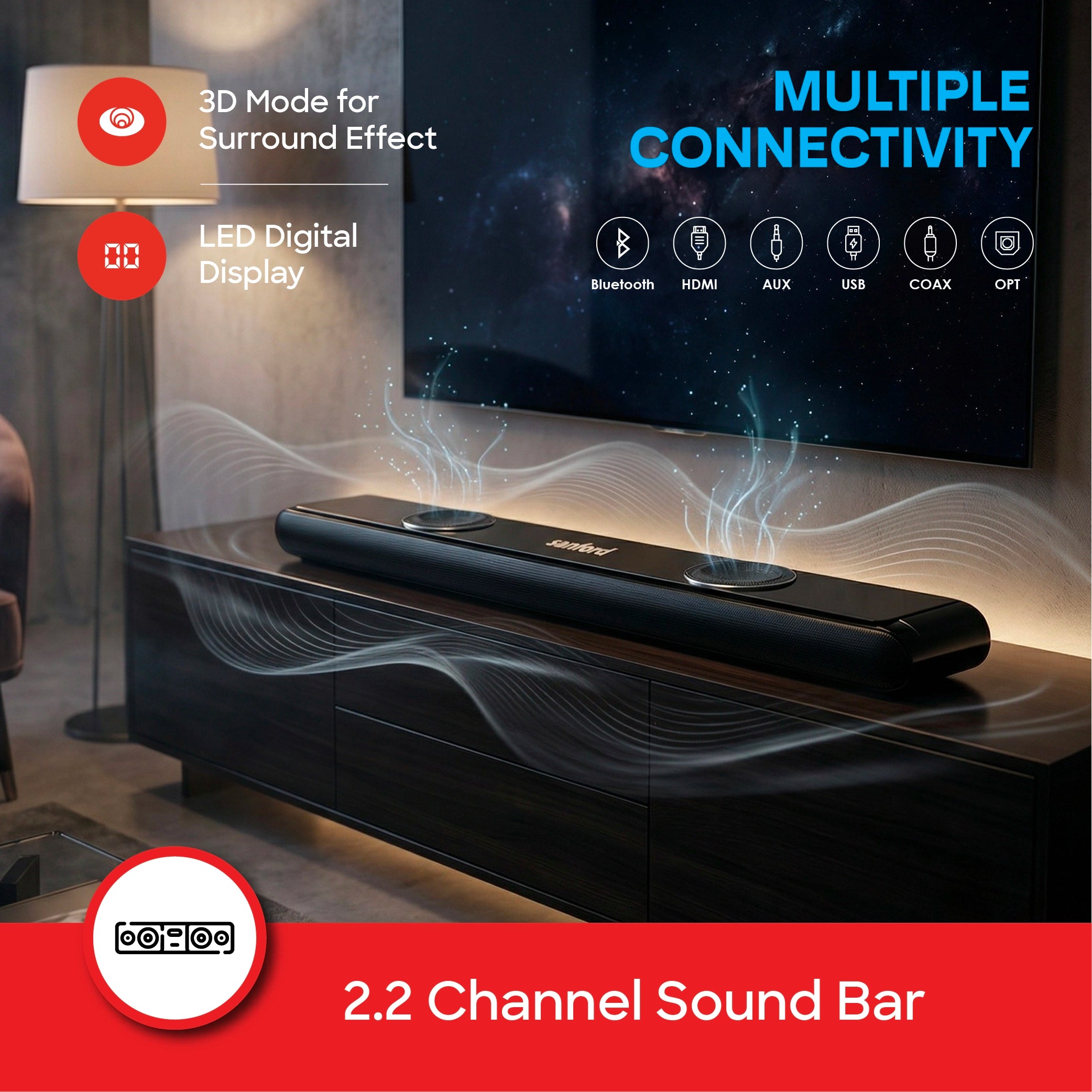 130W Bluetooth soundbar 2.2 channel LED display & multi device connectivity sanford 3