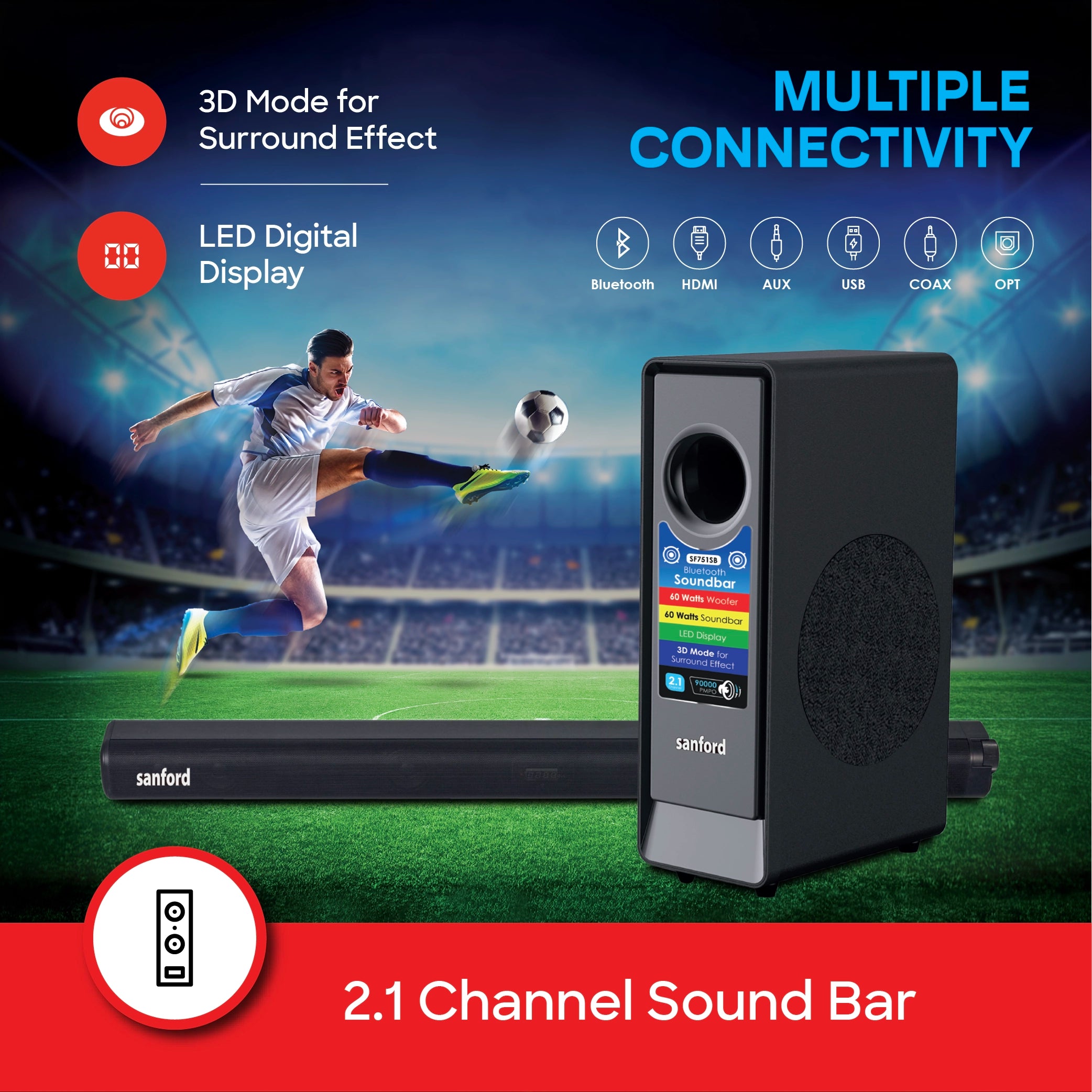 120W Bluetooth soundbar 2.1 channel LED display & multi device connectivity sanford 3