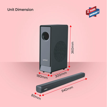 Sanford SF751SB Bluetooth Soundbar – unit dimensions and measurements