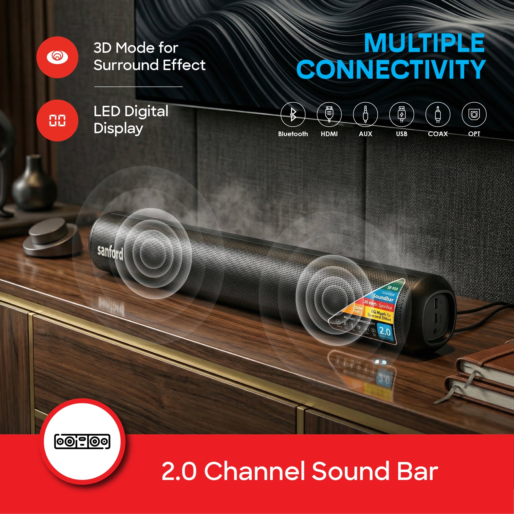 Mini Bluetooth soundbar 30W LED display and multi device connectivity sanford 3