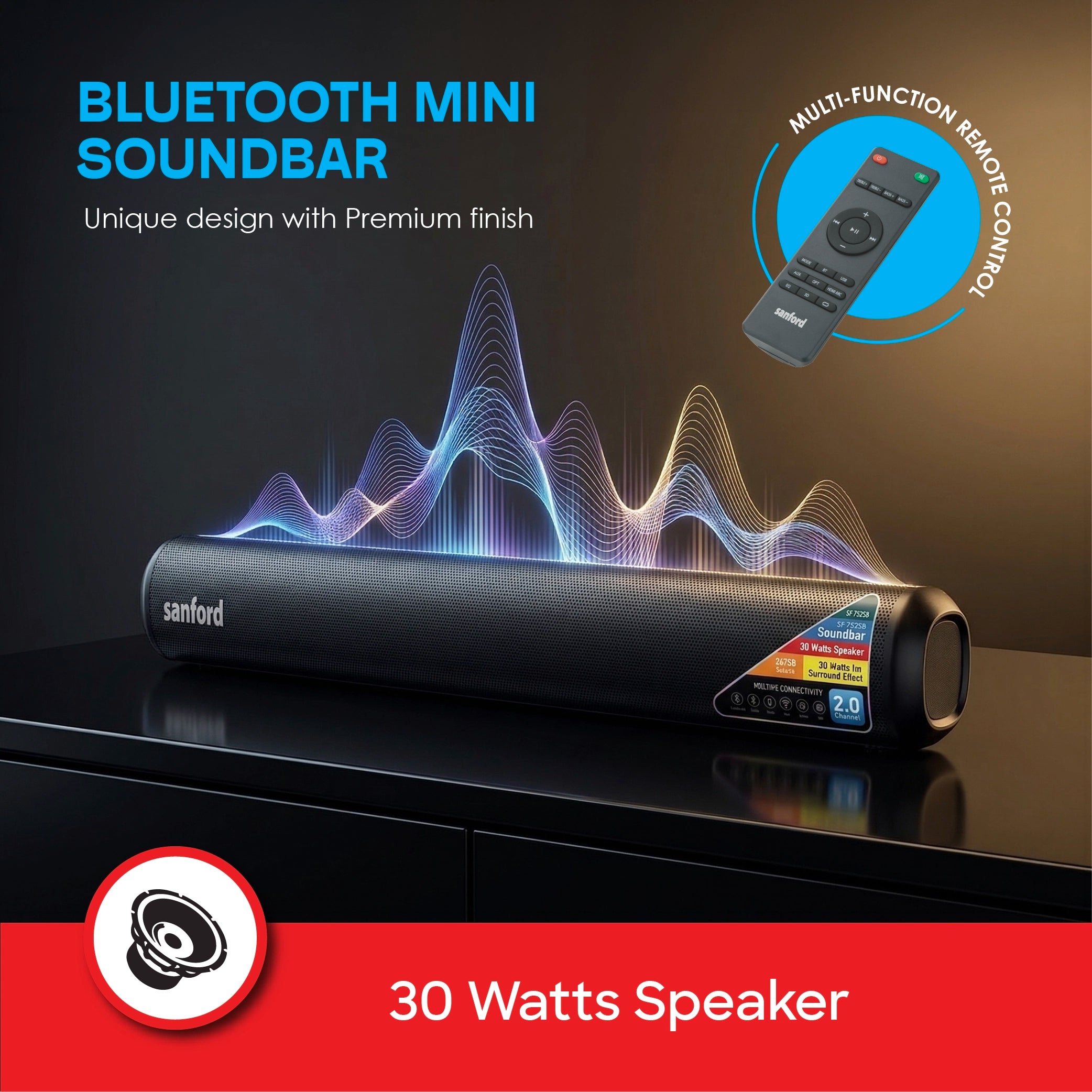 Mini Bluetooth soundbar 30W LED display and multi device connectivity sanford 4