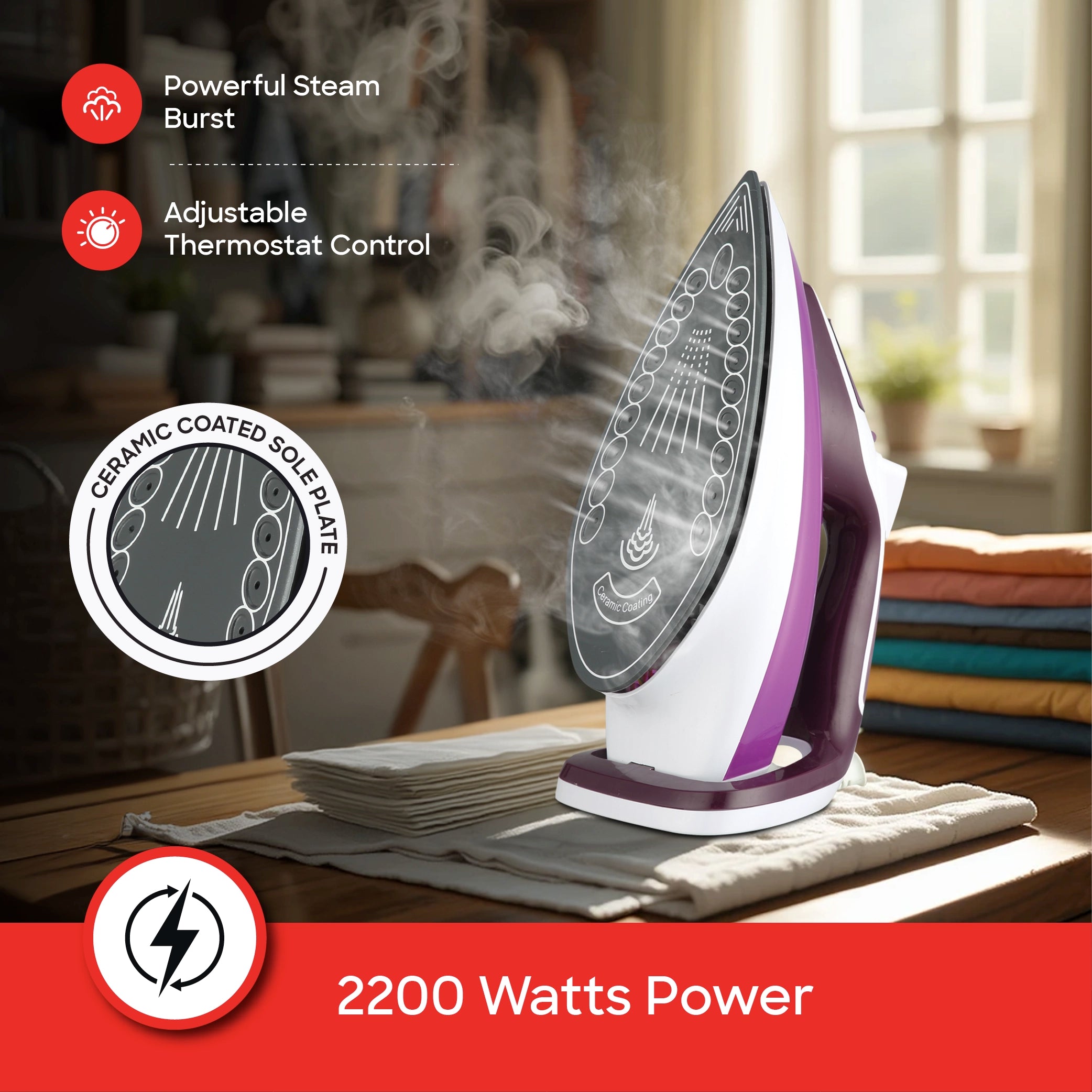 2200W steam iron ceramic soleplate 380ml water tank self cleaning sanford 3