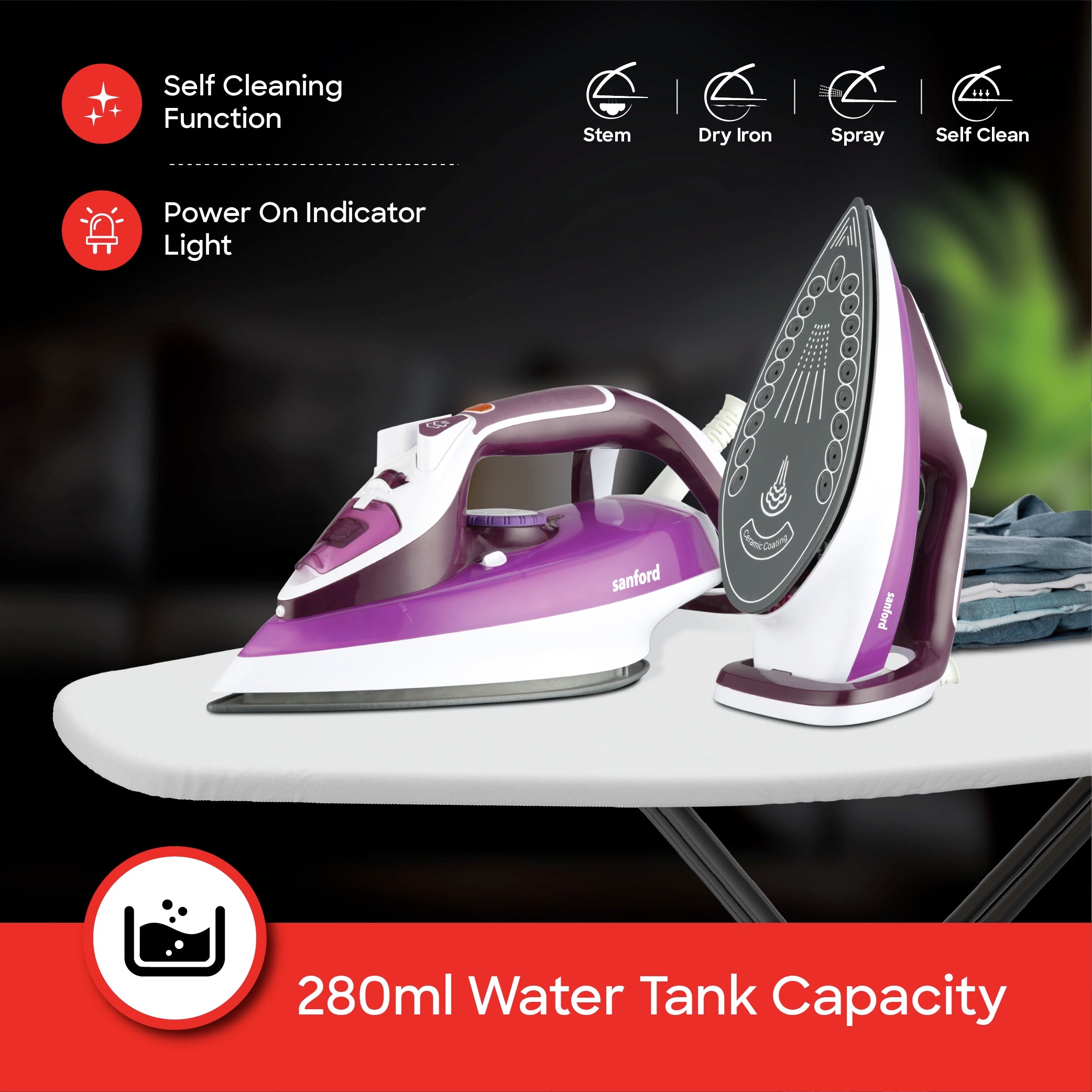 2200W steam iron ceramic soleplate 380ml water tank self cleaning sanford 4