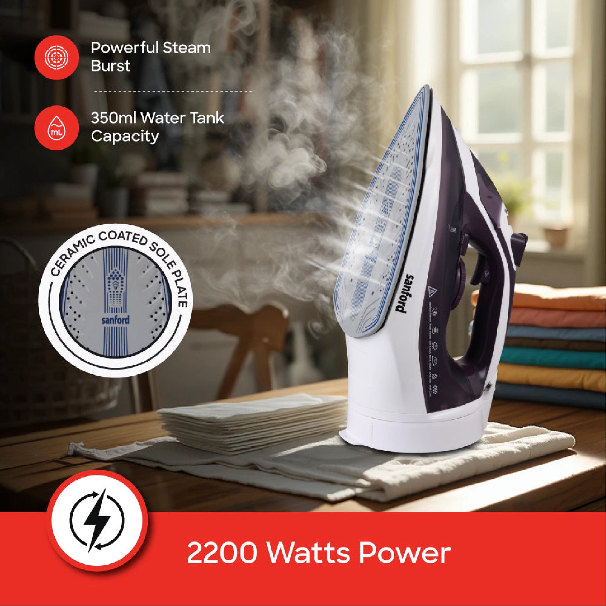 2200W Cordless steam iron ceramic soleplate & 360 degree easy dock system sanford 3